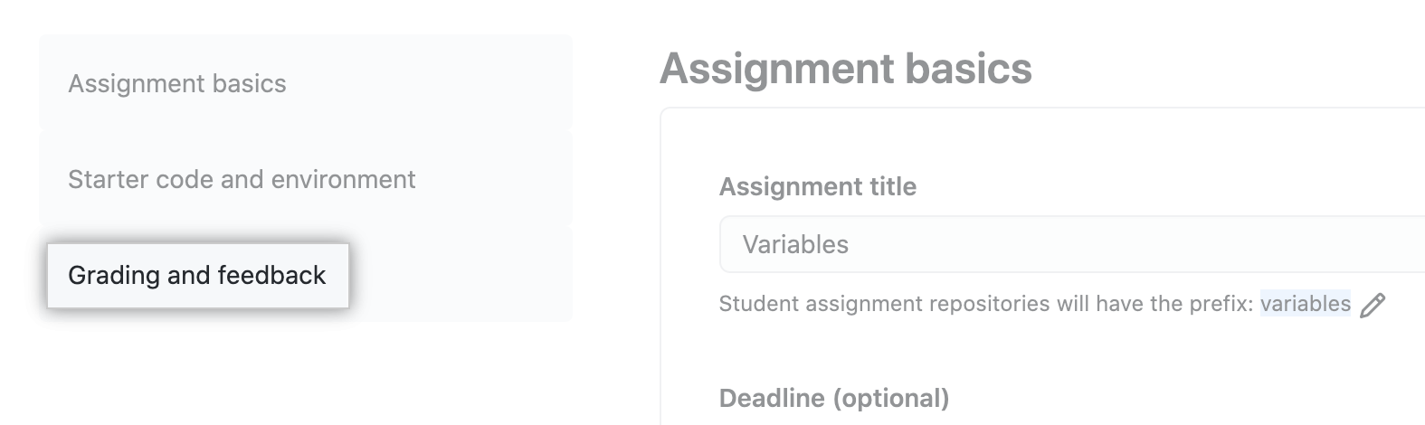 "Grading and feedback" to the left of assignment's basics