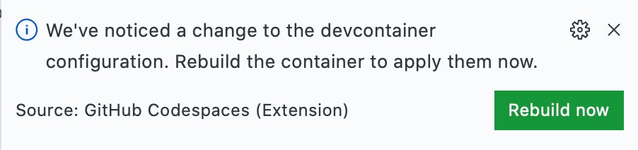 "Codespaces: Rebuild Container" in the command palette