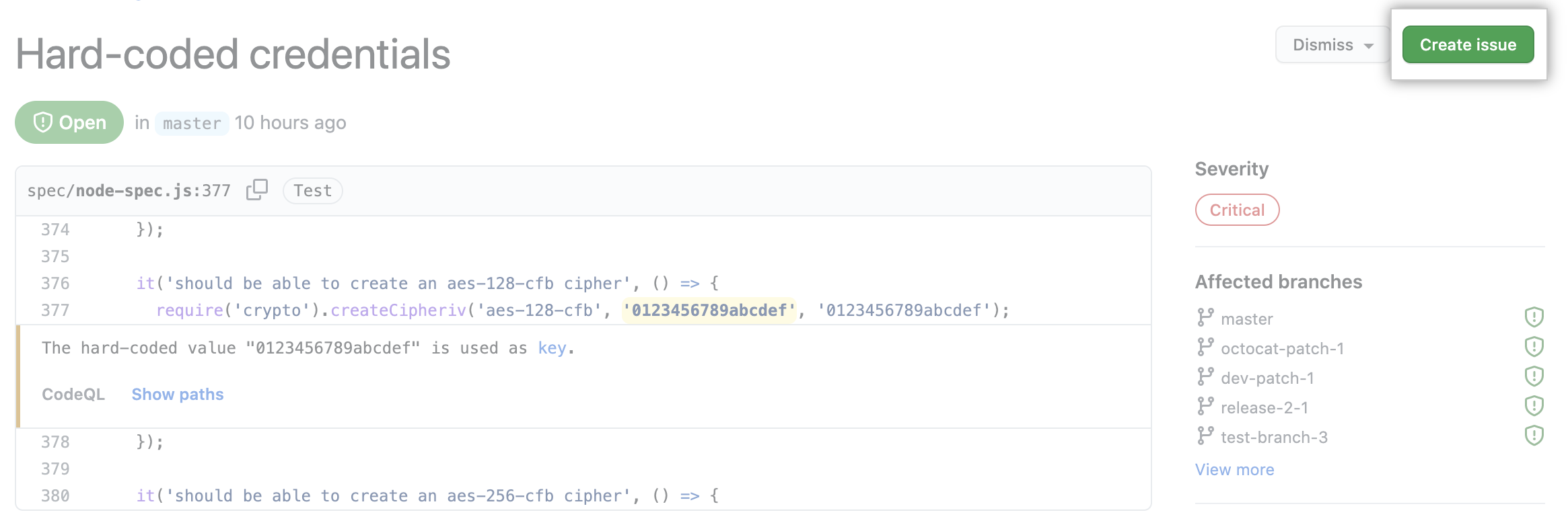 Create a tracking issue for the code scanning alert