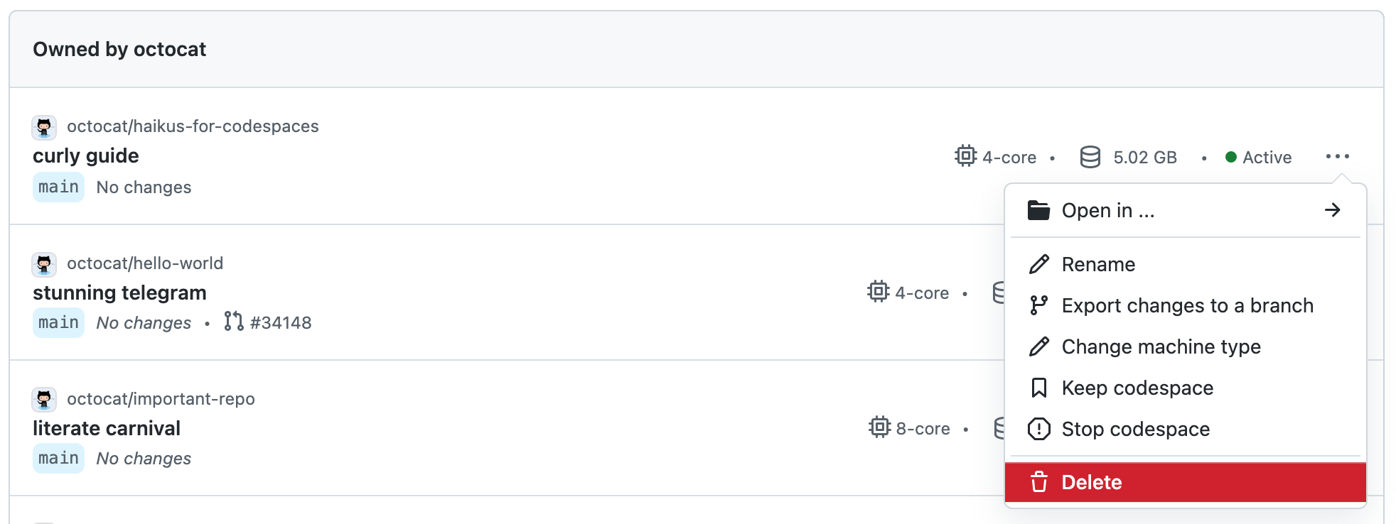 Screenshot of a list of codespaces with the dropdown menu for one of them displayed, showing the "Delete" option.