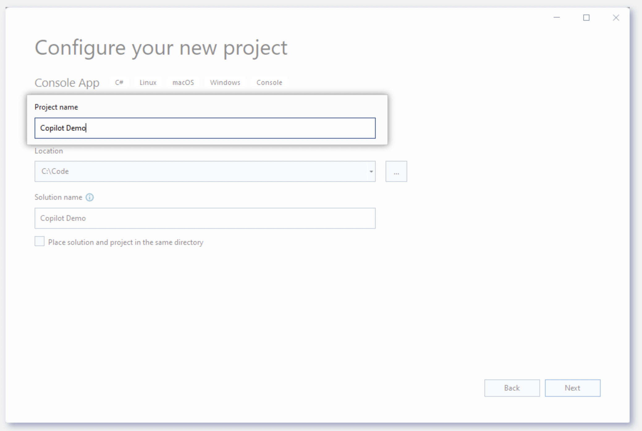 Screenshot of the new project window with the project name emphasized