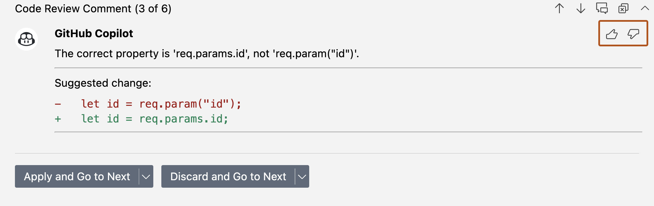Screenshot of a comment from {% data variables.product.prodname_copilot_short %} in {% data variables.product.prodname_vscode %} with feedback buttons displayed. The buttons are outlined in dark orange.