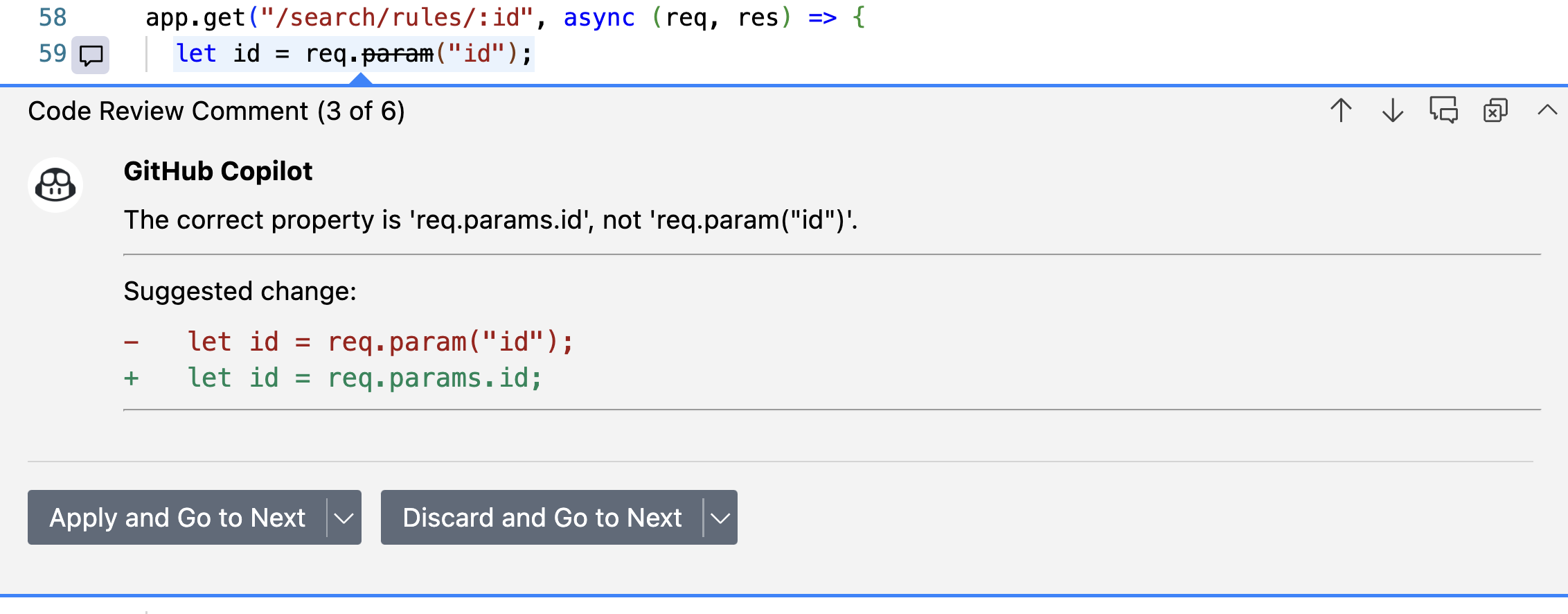 Screenshot of a comment from {% data variables.product.prodname_copilot_short %} in {% data variables.product.prodname_vscode %}.