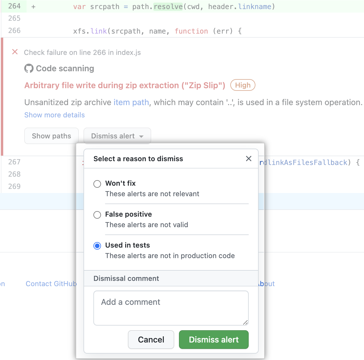 Screenshot of code scanning alert with dropdown to choose dismissal reason emphasized