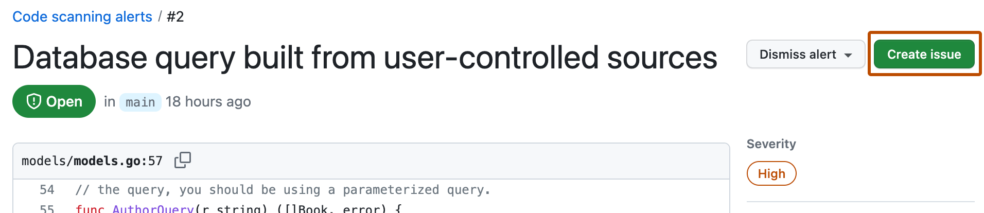 Screenshot of a {% data variables.product.prodname_code_scanning %} alert. The "Create issue" button is outlined in dark orange.