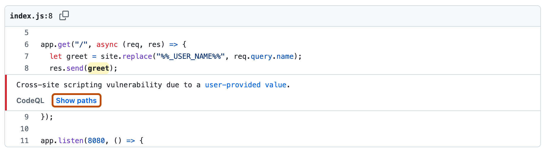 Screenshot of the location of a {% data variables.product.prodname_code_scanning %} alert. A "Show paths" button is outlined in orange.