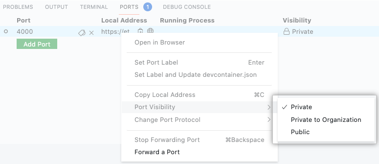 Option to select port visibility in right-click menu