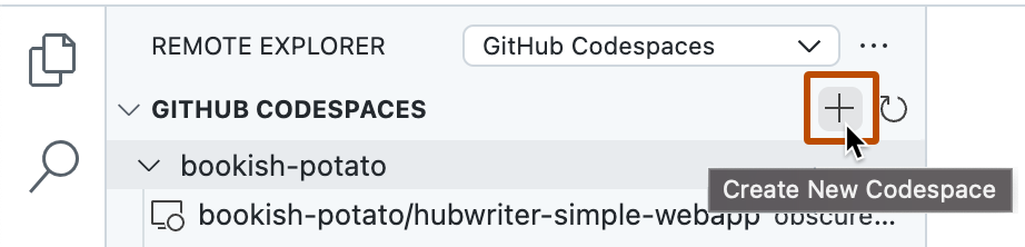 Screenshot of the "Remote Explorer" side bar for {% data variables.product.prodname_github_codespaces %}. The tooltip "Create New Codespace" is displayed beside the plus sign button.