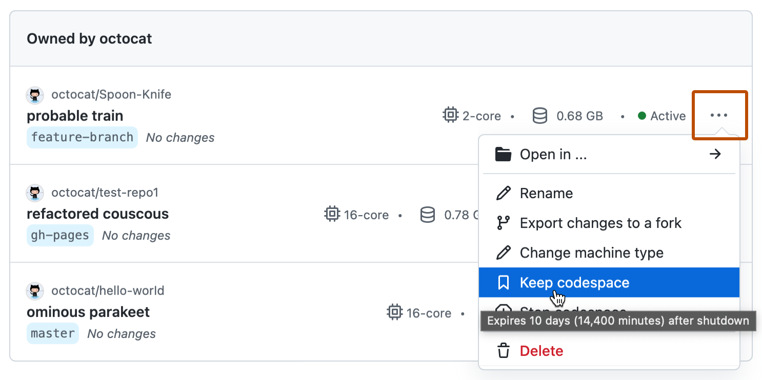 Screenshot of the dropdown menu for an active codespace. The "Keep codespace" option has a tooltip saying "Expires 10 days after shutdown."