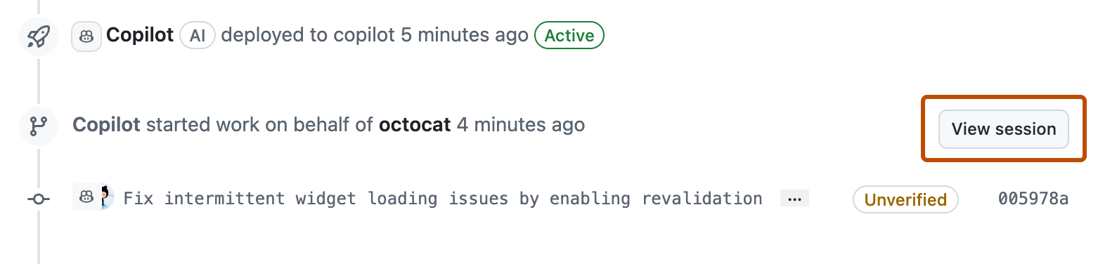 Screenshot of a section of a pull request with the 'View session' button highlighted.