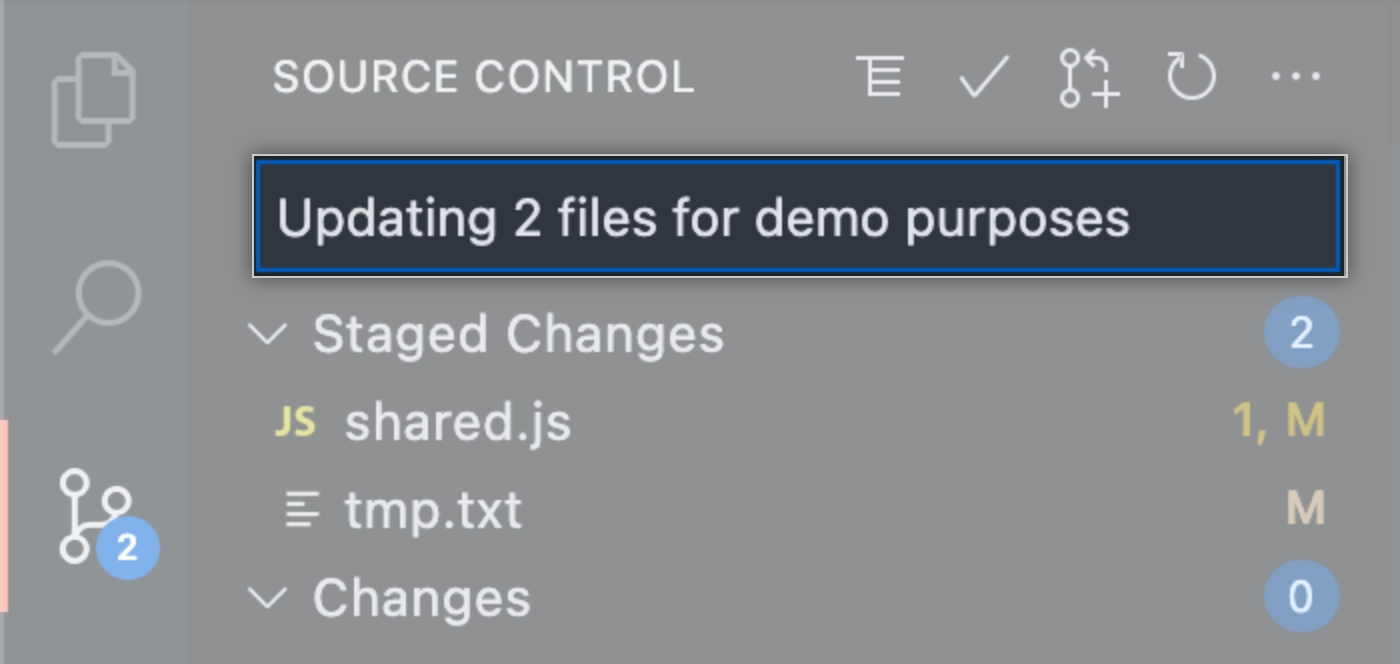Source control side bar with a commit message