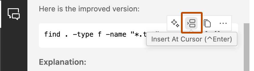 Screenshot of the 'Insert at cursor' icon in the {% data variables.product.prodname_copilot_chat_short %} panel.