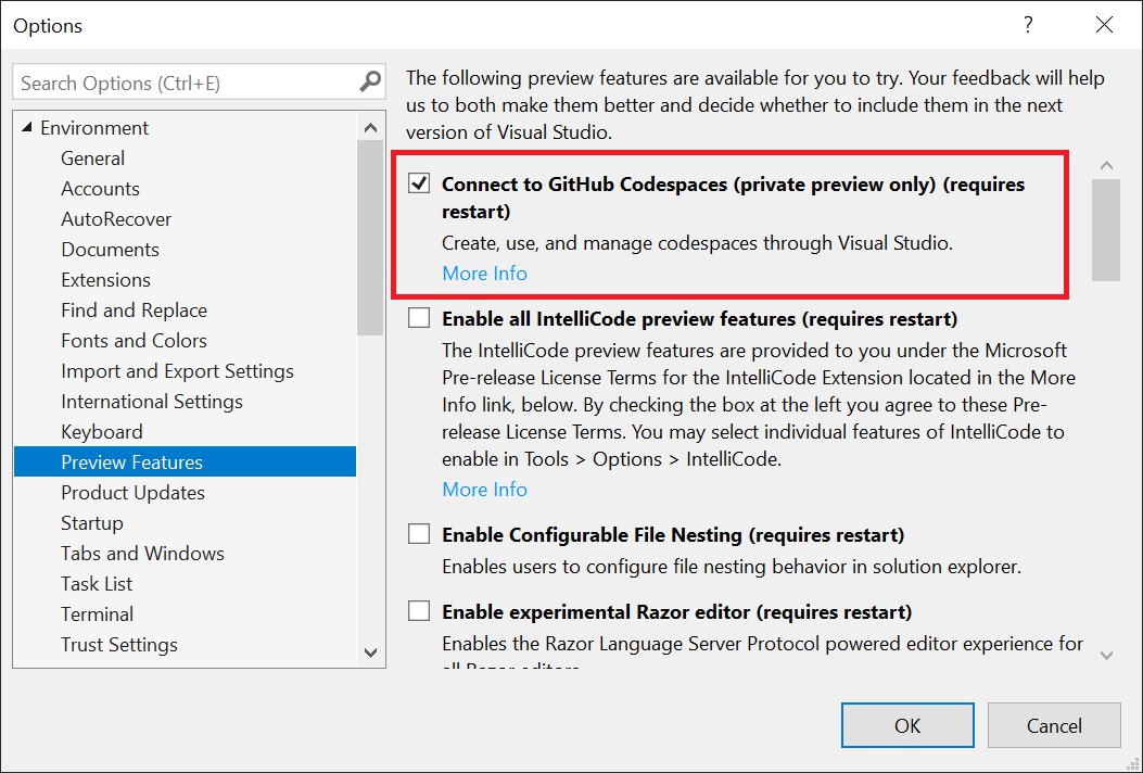 Check the Connect to {{ site.data.variables.product.prodname_github_codespaces }} preview feature