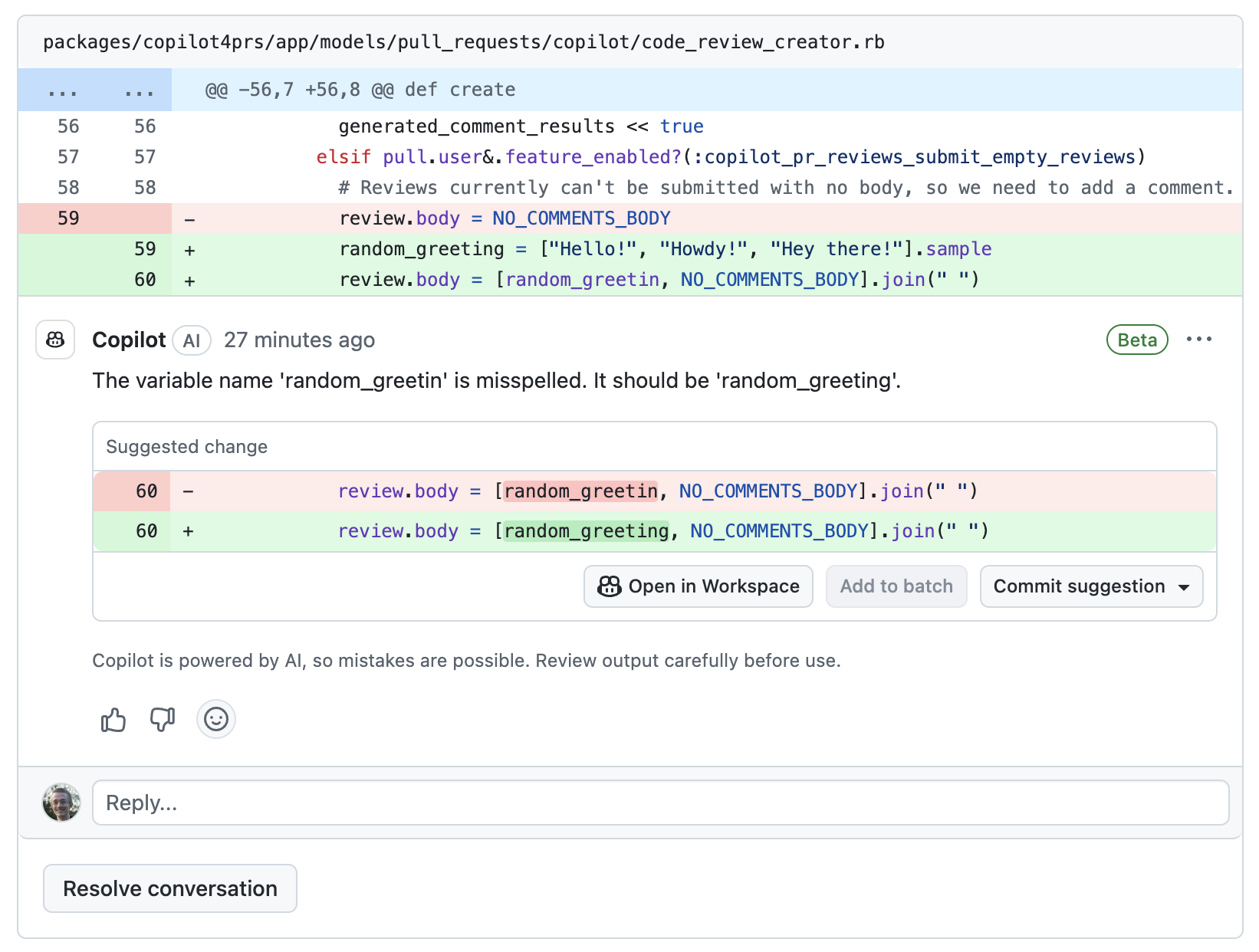 Screenshot of a code review left by {% data variables.product.prodname_copilot_short %}.