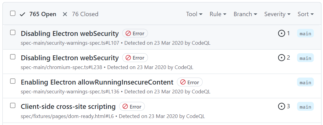 Tracked in pill on code scanning alert page