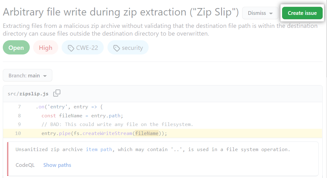 Create a tracking issue for the code scanning alert