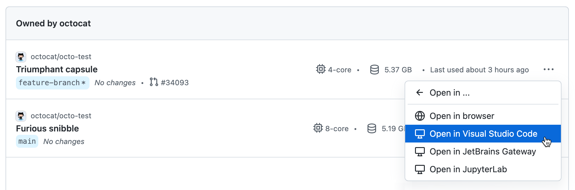 Screenshot of the "Open in" dialog, with "Open in Visual Studio Code" highlighted.