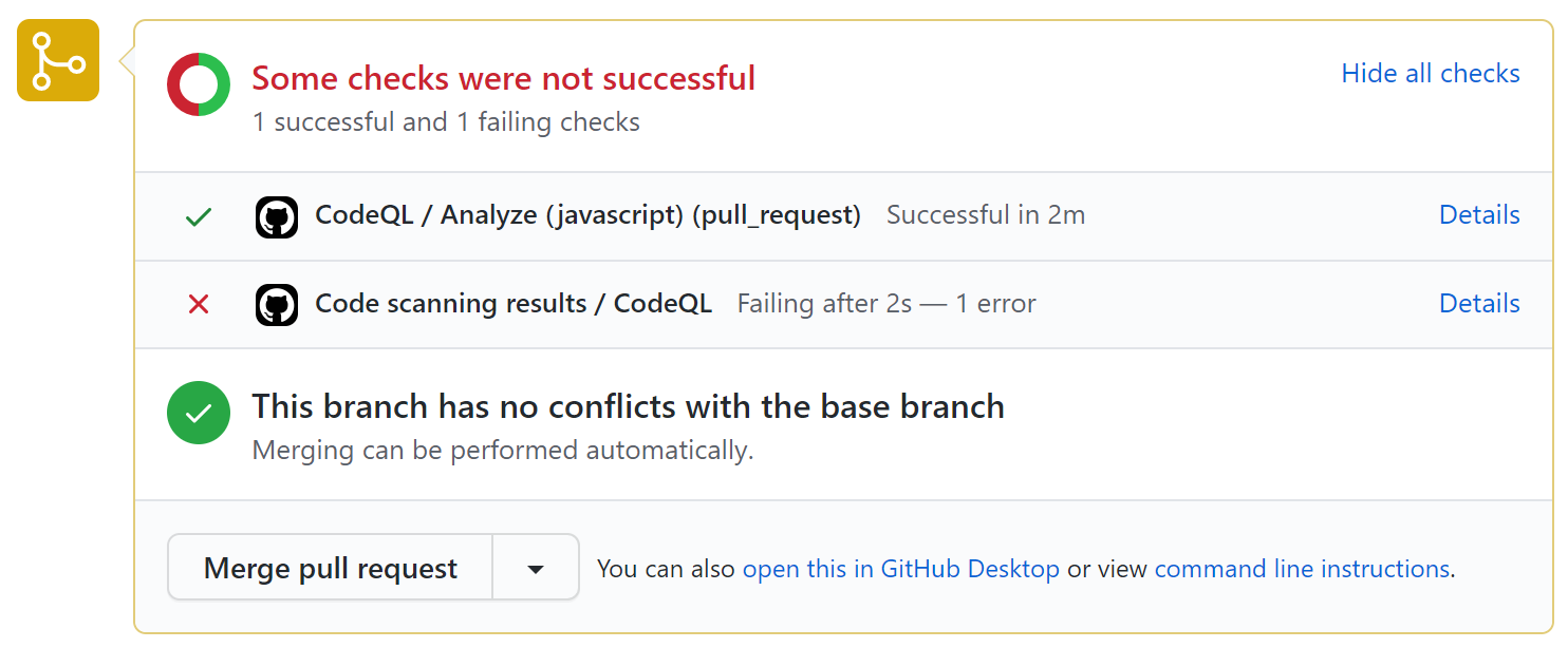Failed {% data variables.product.prodname_code_scanning %} check on a pull request