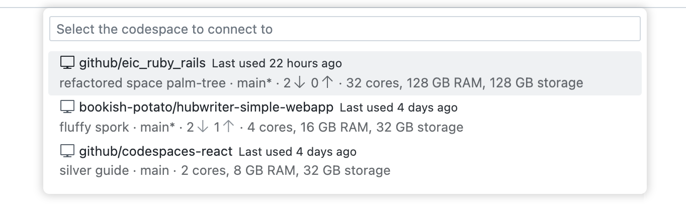 Screenshot of the {% data variables.product.prodname_vscode_shortname %} Command Palette showing a list of codespaces available to connect to.