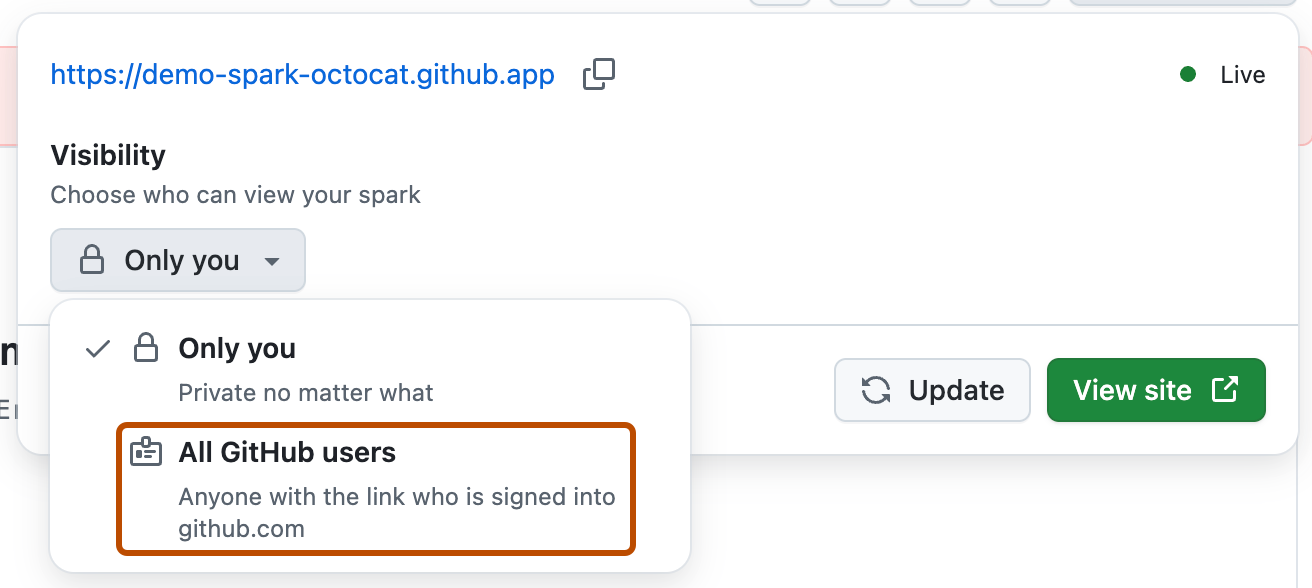Screenshot of the {% data variables.product.prodname_spark %} publication menu. The "All {% data variables.product.github %} users" visibility option is outlined in orange.