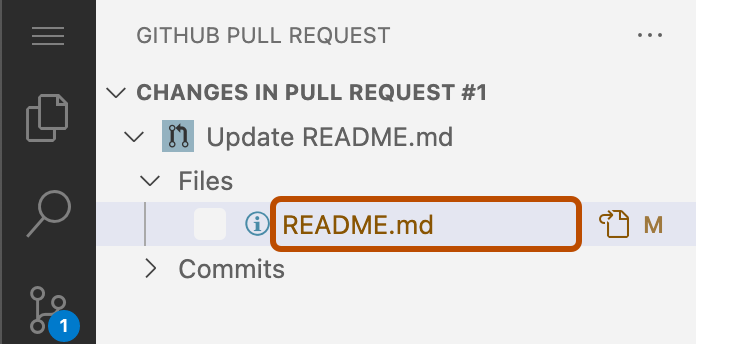 Screenshot of the "{% data variables.product.prodname_dotcom %} Pull Request" side bar. A file name is highlighted with a dark orange outline.
