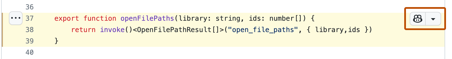 Screenshot of the {% data variables.product.prodname_copilot_short %} buttons, highlighted with a dark orange outline, to the right of some selected code.