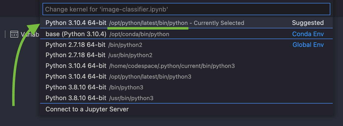 Screenshot of the Python kernal drop-down menu