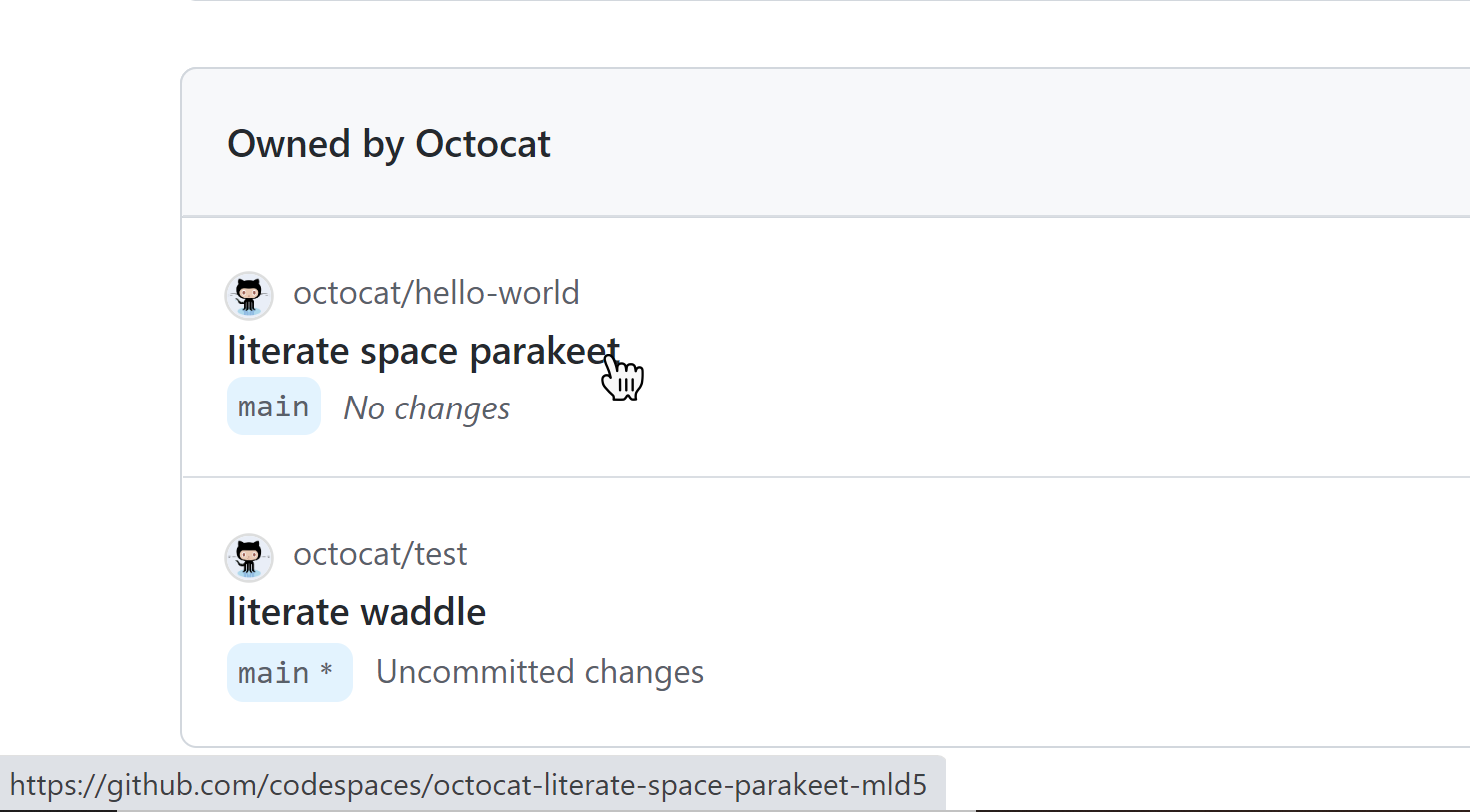 Codespace name shown on hover over