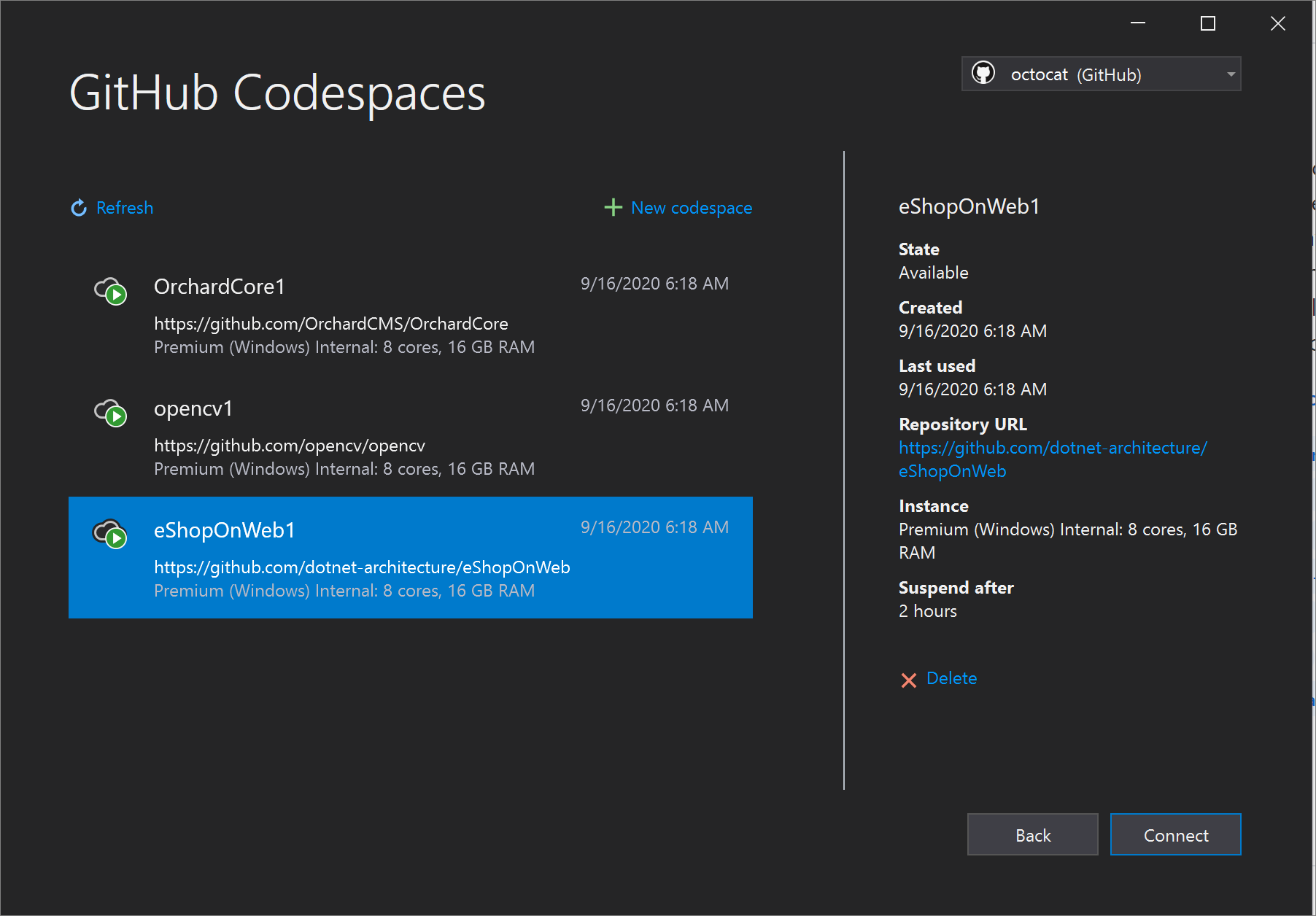 Visual Studio displaying available codespaces and details