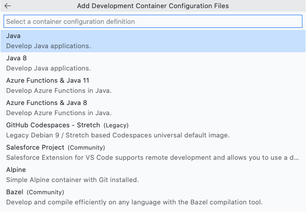 Select Java option from the list