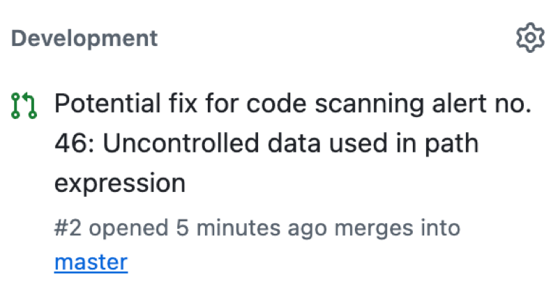 Screenshot of the "Development" section of a {% data variables.product.prodname_code_scanning %} alert, includes a title of a pull request that could fix the alert.