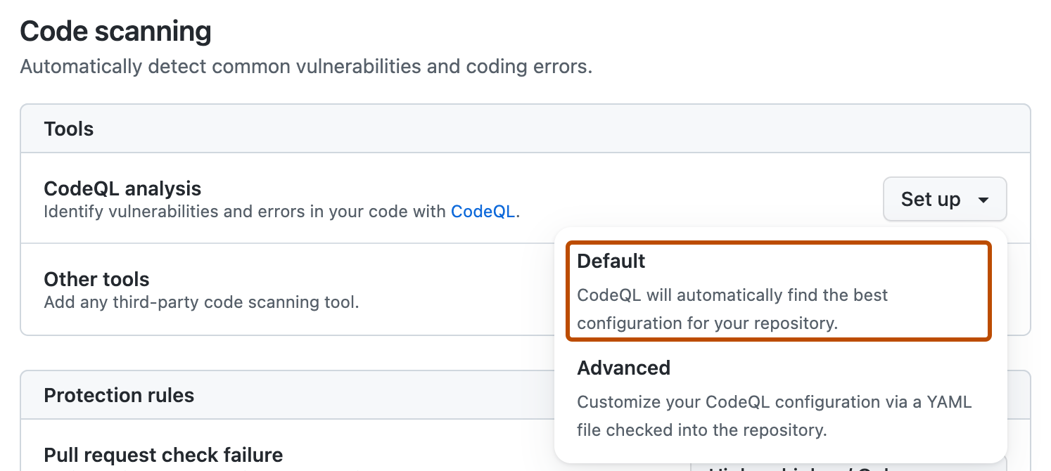 Screenshot of the "{% data variables.product.prodname_code_scanning_caps %}" section of "{% data variables.product.UI_advanced_security %}" settings. The "Default setup" button is highlighted with an orange outline.