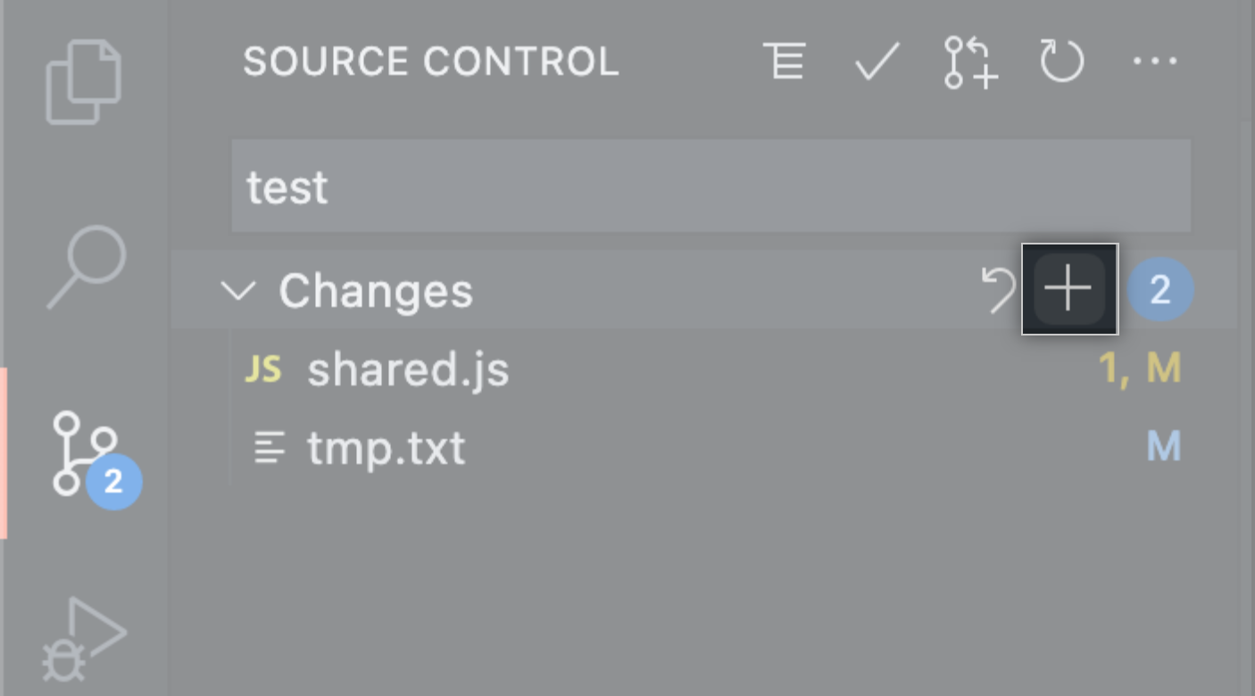 Source control sidebar with staging button highlighted