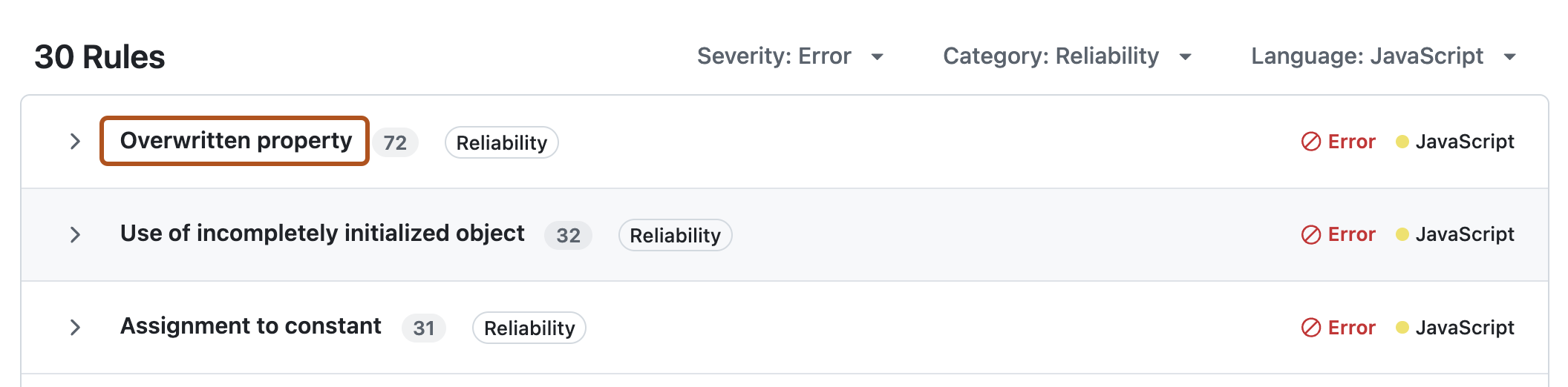 Screenshot showing a rule in the "{% data variables.code-quality.all_findings %}" view. The rule name is highlighted in dark orange.