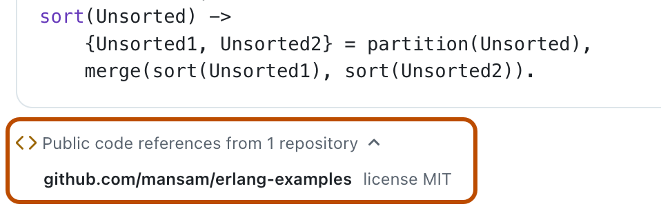 Screenshot of an inline suggestion in {% data variables.copilot.copilot_chat_short %} with a link to view code references.