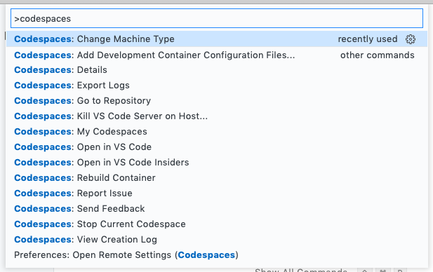 A list of all commands that relate to Codespaces