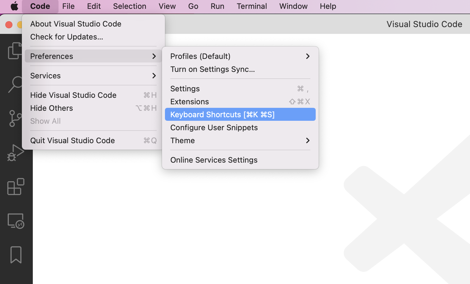 Screenshot of the menu bar in {% data variables.product.prodname_vscode %}, with the "Code" menu expanded. In the "Preferences" sub-menu, the "Keyboard Shortcuts" option is highlighted in blue.