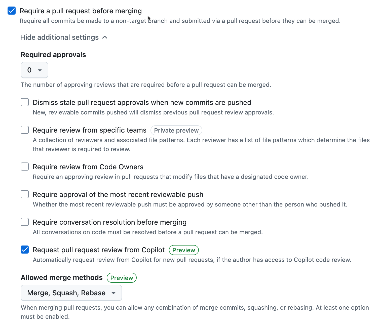 Screenshot of the "Request pull request review from {% data variables.product.prodname_copilot_short %}" branch ruleset option.
