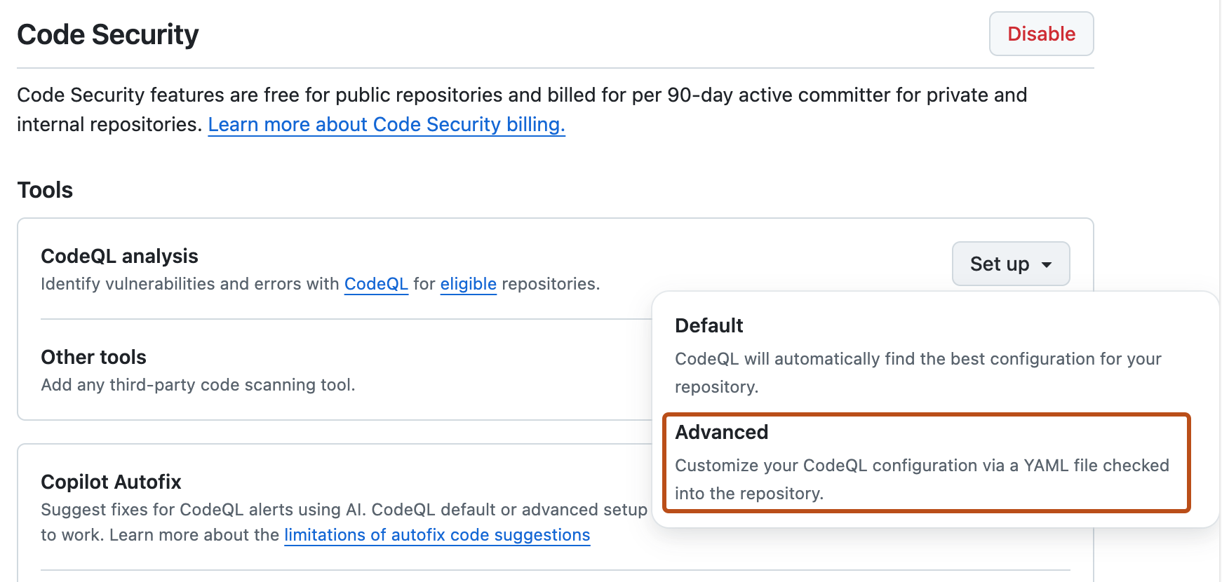 Screenshot of the "{% data variables.product.UI_code_security_scanning %}" section of "{% data variables.product.UI_advanced_security %}" settings. The "Advanced setup" button is highlighted with an orange outline.