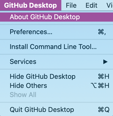 About GitHub Desktop menu option