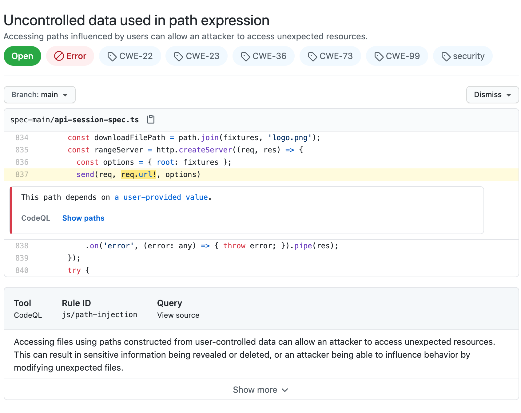 Example alert from {% data variables.product.prodname_code_scanning %}