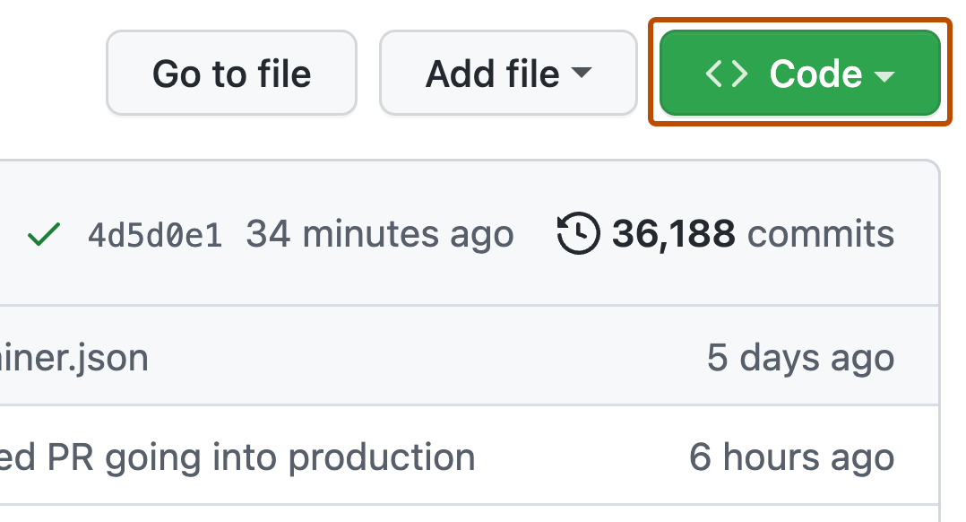 Screenshot of file options in a GitHub repository. A button with an arrow indicating a dropdown menu, labeled "Code", is outlined in dark orange.